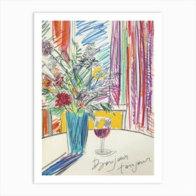 Bonjour Toujour. Flowers and Wine on the Table. Matisse Style Travel French Sketch Art Print