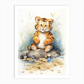 Tiger Illustration Collecting Coins Watercolour 3 Art Print