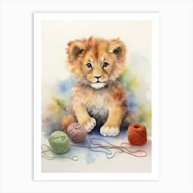 Knitting Watercolour Lion Art Painting 1 Art Print