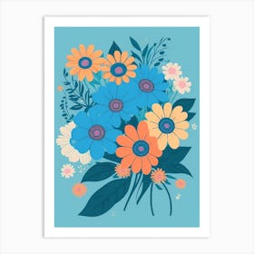 Beautiful Flowers Illustration Vertical Composition In Blue Tone 1 Art Print