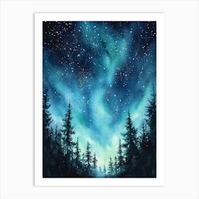 Northern Lights And Starry Sky, Stars And Blue Green Aurora Borealis with Pine Tree Forest, Dark Winter Art Print