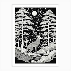 Deer In The Forest Linocut Art Print