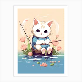Kawaii Cat Drawings Fishing 2 Art Print