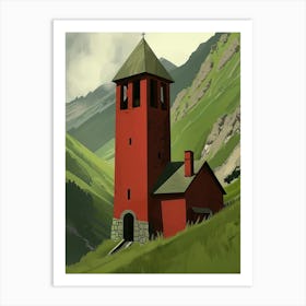 Red Church In The Mountains Art Print