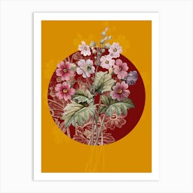 Vintage Botanical The Chinese primrose Primula sinensis on Circle Red on Yellow n.0332 Art Print