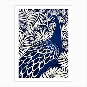 Navy Blue Peacock With Tropical Leaves 2 Art Print