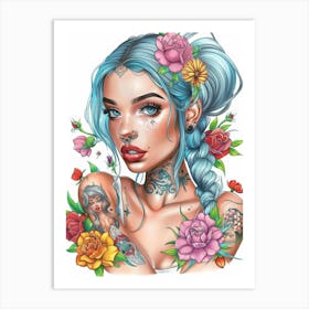 Tattooed Girl With Flowers 1 Art Print