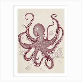 Red Linocut Inspired Octopus 2 Art Print