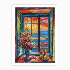 Matisse Inspired Open Window on the Riviera with Fruit Flowers Vibrant Rainbow of Colors Depicting Happiness Sunset Beauty Abstract HD Impressionism Mid Century High Resolution Art Print