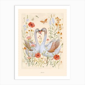 Folksy Floral Animal Drawing Swan Poster Art Print