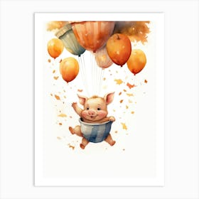 Tea Cup Pig Flying With Autumn Fall Pumpkins And Balloons Watercolour Nursery 1 Art Print