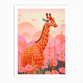 Pink Giraffe & Plants 1 Art Print