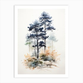 Trees, Japanese Brush Painting, Ukiyo E, Minimal 3 Art Print