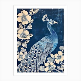 Navy Blue & Cream Peacock With Tropical Flowers 1 Art Print