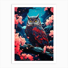 Owl In Cherry Blossoms Art Print