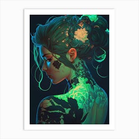 Girl With Green Tattoos Art Print
