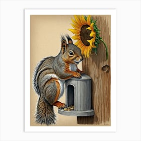 Squirrel With Sunflower Art Print