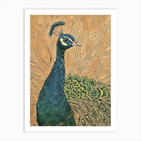 Peacock Peach Blue Linocut Inspired Art Print