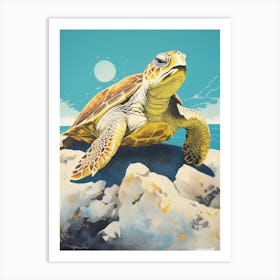 Sea Turtle On A Rock With Blue Sky Art Print