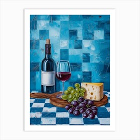 Wine Cheese & Grapes Blue Checkerboard 1 Art Print