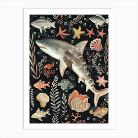 Port Jackson Shark Seascape Black Background Illustration 3 Art Print