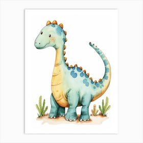 Blue Dinosaur Watercolour Cartoon Art Print