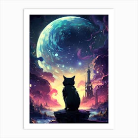 Cat Looking At The Moon Art Print
