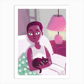 Woman Girl with A Cat in Bedroom Art Print