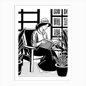 Lino cut Inspired black and white Reading In the Garden Art, Garden Girl Art, Gardening reading, 230 Art Print