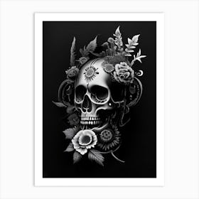 Skull With Floral Patterns Grey Stream Punk Art Print