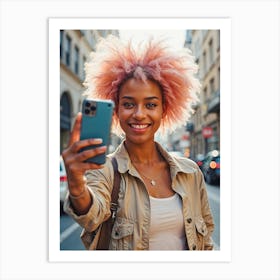 Young Woman Taking Selfie pink hair Art Print