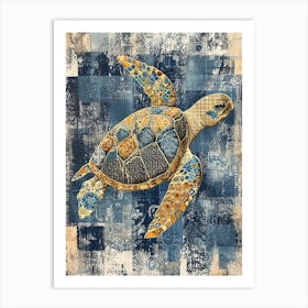 Navy Blue Tiled Sea Turtle Collage Art Print