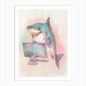 Shark On A Computer Pastel Illustration 1 Art Print