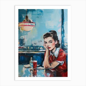 American Diner Retro Woman Portrait Red & Blue Art Print
