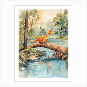 Storybook Style Dinosaur Crossing The River With A Log Painting 1 Art Print