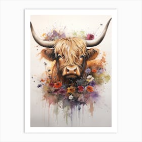 Floral Watercolour Portrait Of Highland Cow Art Print