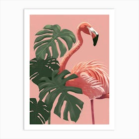 Jamess Flamingo And Monstera Deliciosa Boho Print 2 Art Print