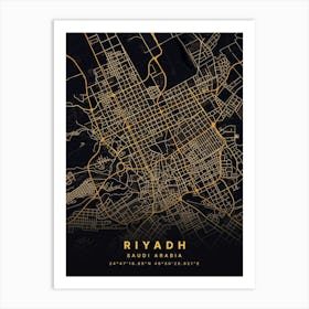 Riyadh Saudi Arabia Black And Gold Map Art Print