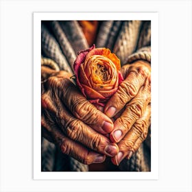 A Weathered Hand Gently Cradling A Blooming Flower (2) Art Print