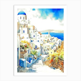 Santorini Watercolor Painting Art Print