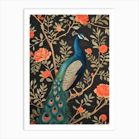 Black & Red Floral Peacock Art Print