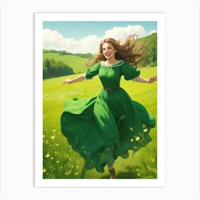 Running Girl In A Green Dress Art Print