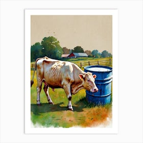 Cow By A Water Barrel Art Print