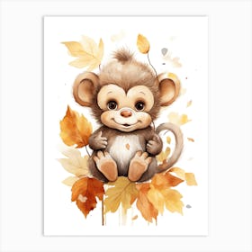 A Monkey Watercolour In Autumn Colours 2 Art Print