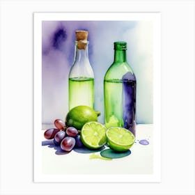 Lime and Grape near a bottle watercolor painting 2 Art Print