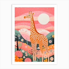 Giraffe With Trees In The Background Pink & Mustard 3 Art Print
