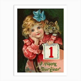 Little Girl With A Cat Wish You A Happy New Year Art Print