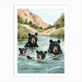 American Black Bear Family Swimming In A River Storybook Illustration 1 Art Print