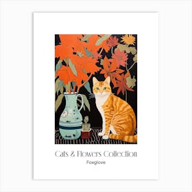 Cats & Flowers Collection Foxglove Flower Vase And A Cat, A Painting In The Style Of Matisse 1 Art Print