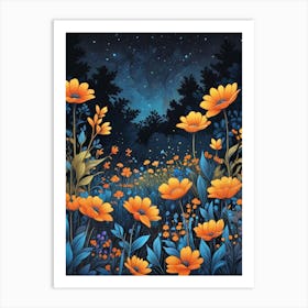 Floral Night Garden Scene (2) Art Print